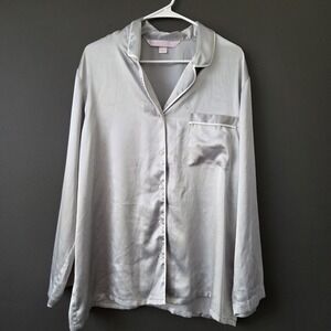 Victoria's Secret Women's Satin Long Sleeve Pajama Shirt Size L Gray Button Down
